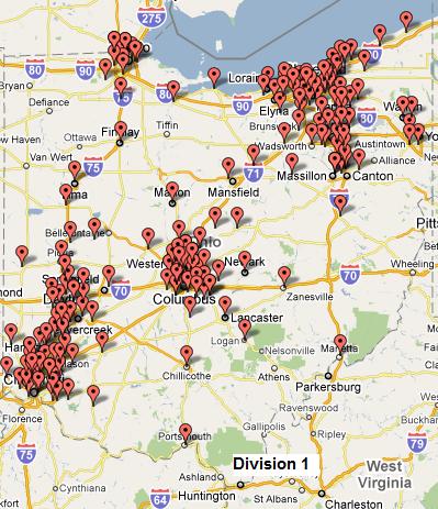 Division 1 Tennis Schools - Click for Larger Map